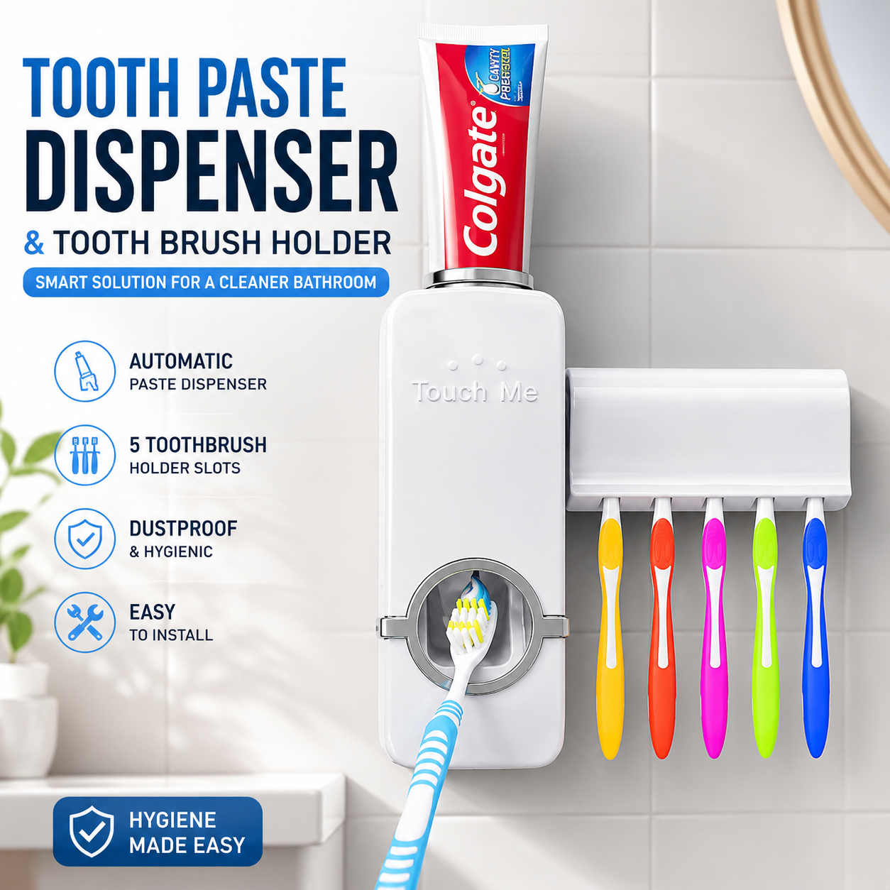Automatic Toothpaste Dispenser &amp; 5-Slot Toothbrush Holder – Wall-Mounted Bathroom Organizer for Family Use