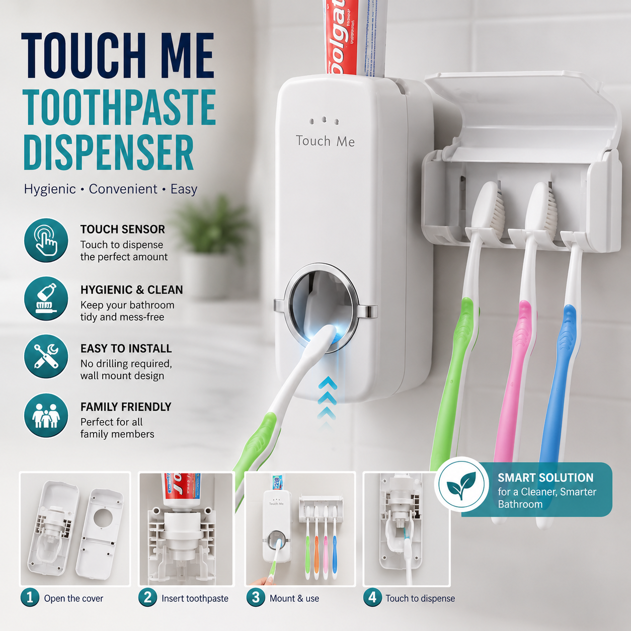 Automatic Toothpaste Dispenser &amp; 5-Slot Toothbrush Holder – Wall-Mounted Bathroom Organizer for Family Use
