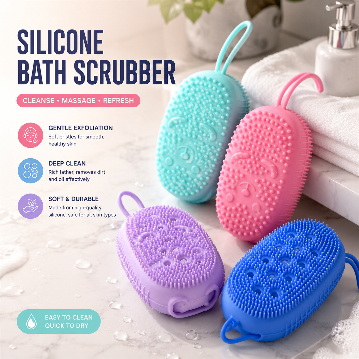 Premium Silicone Bath Body Scrubber Brush – Soft Exfoliating Shower Massage Brush with Hanging Loop