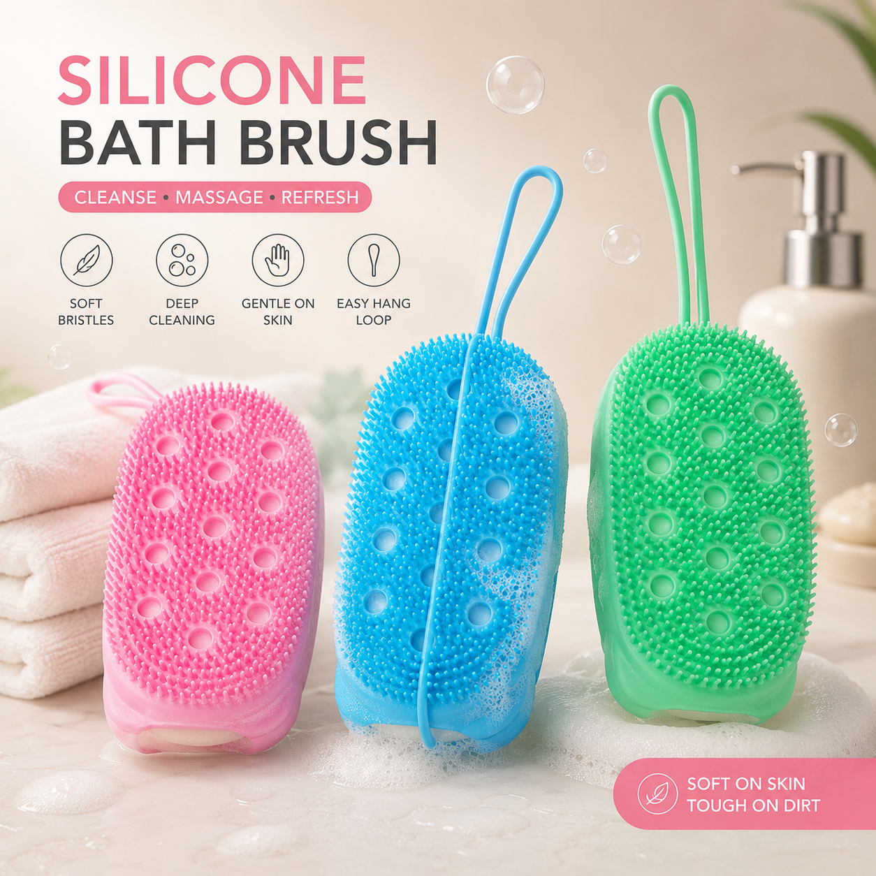 Premium Silicone Bath Body Scrubber Brush – Soft Exfoliating Shower Massage Brush with Hanging Loop