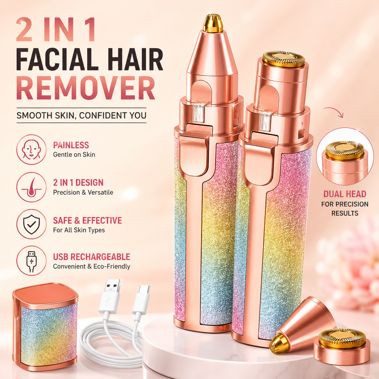 Portable Electric Facial Hair Remover for Women – Painless USB Rechargeable Mini Trimmer for Smooth &amp; Flawless Skin