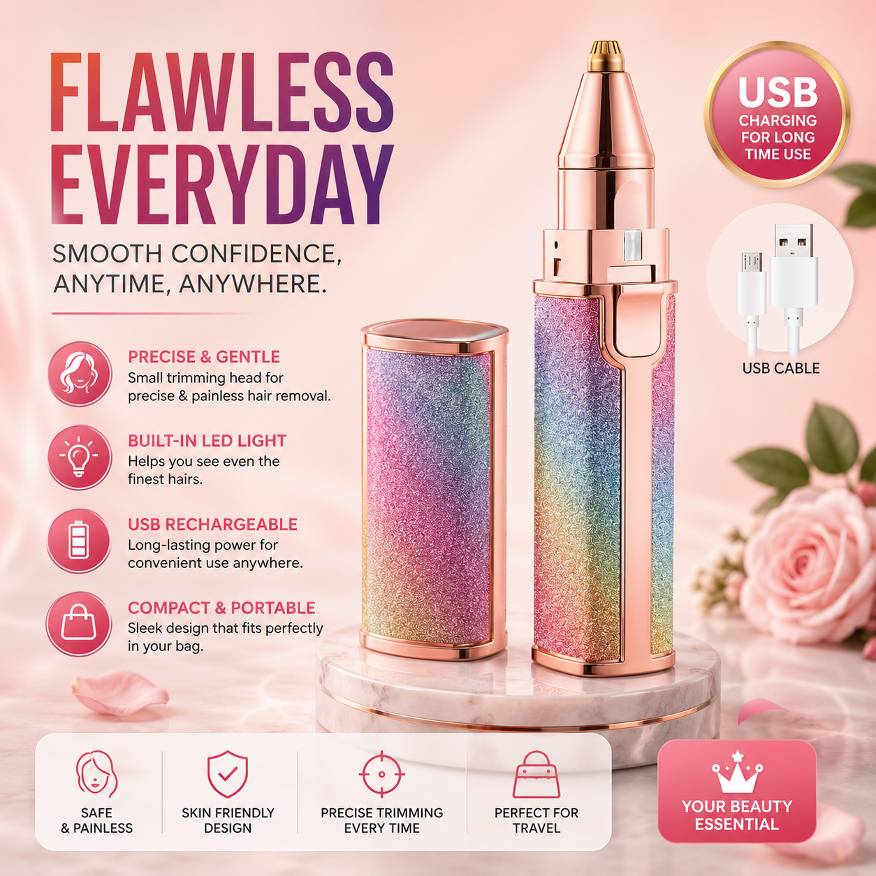 Portable Electric Facial Hair Remover for Women – Painless USB Rechargeable Mini Trimmer for Smooth &amp; Flawless Skin