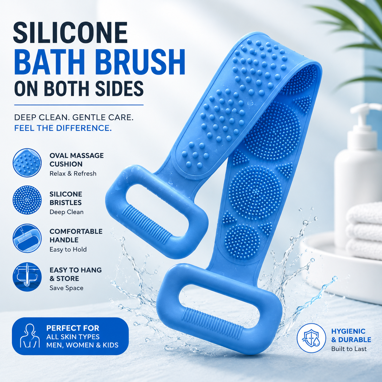 Silicone Back Scrubber Bath Belt – Double-Sided Exfoliating Body Massage Shower Brush