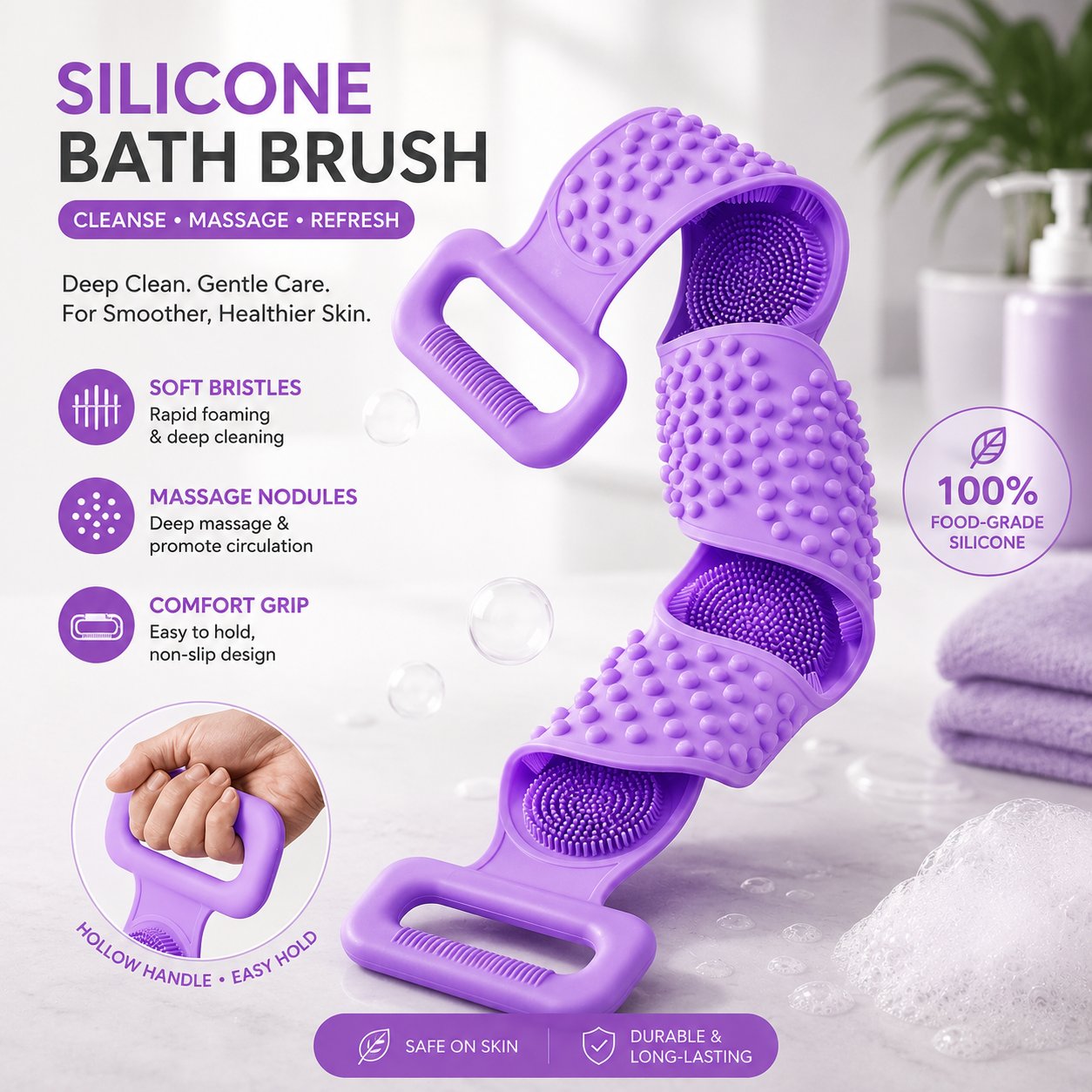Silicone Back Scrubber Bath Belt – Double-Sided Exfoliating Body Massage Shower Brush