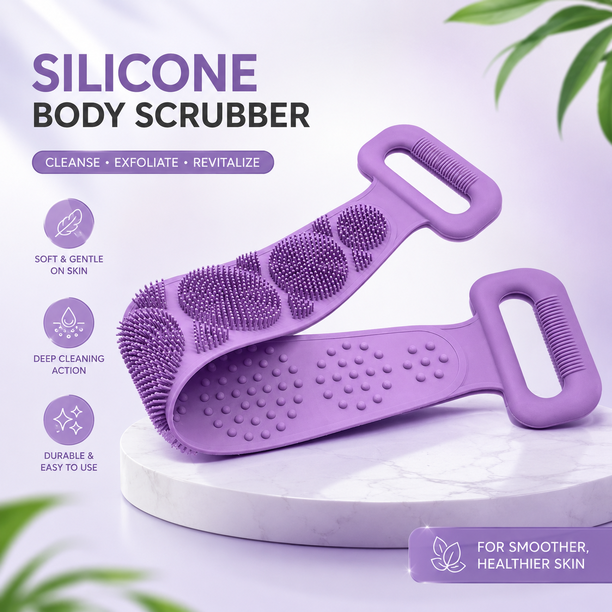 Silicone Back Scrubber Bath Belt – Double-Sided Exfoliating Body Massage Shower Brush