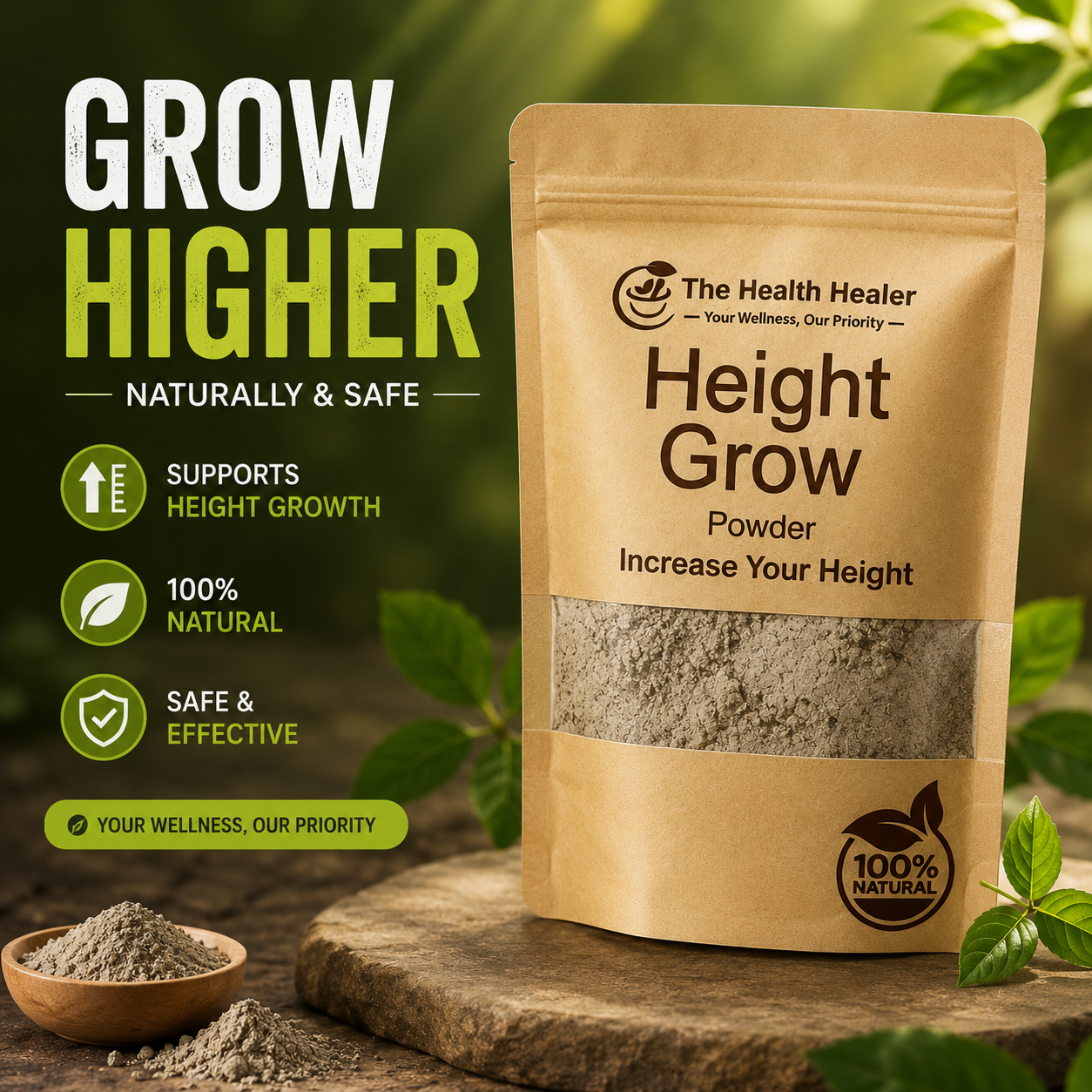 Height Grow Herbal Powder – Natural Wellness Supplement Blend for Teens &amp; Adults | 100% Natural Formula