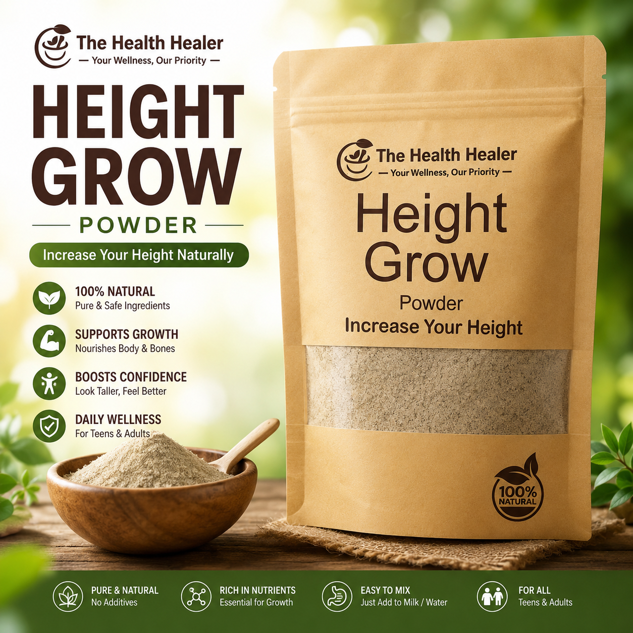 Height Grow Herbal Powder – Natural Wellness Supplement Blend for Teens &amp; Adults | 100% Natural Formula