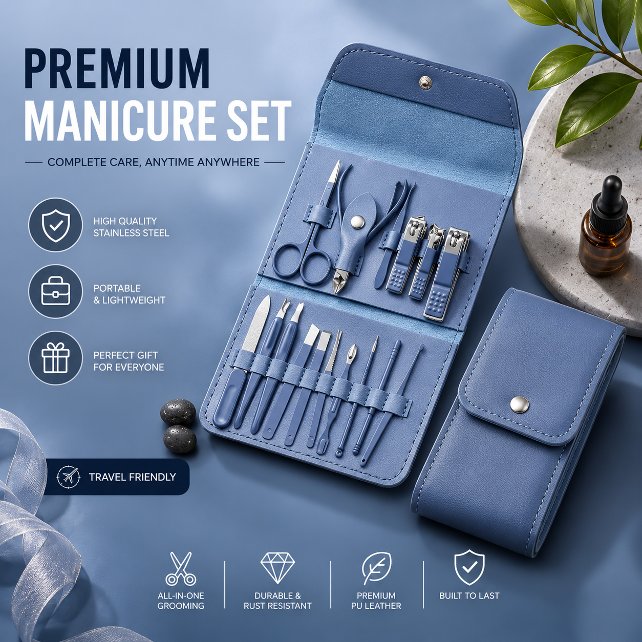 15-Piece Professional Nail Care Kit – Stainless Steel Manicure &amp; Pedicure Grooming Set with Travel Case