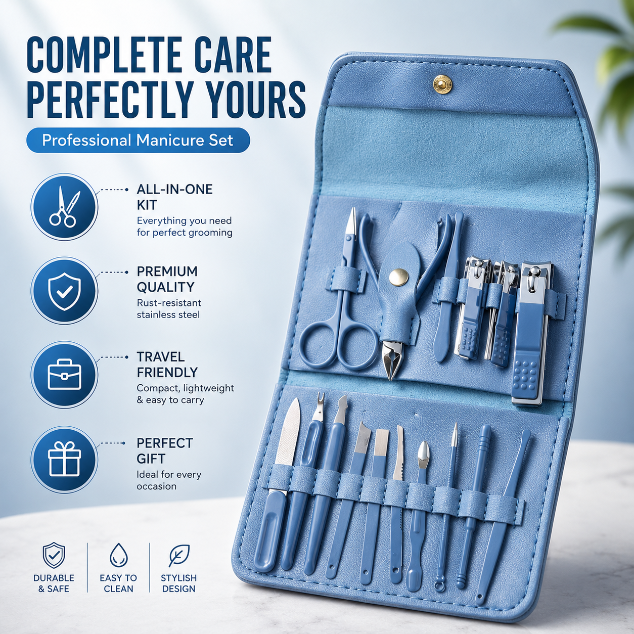 15-Piece Professional Nail Care Kit – Stainless Steel Manicure &amp; Pedicure Grooming Set with Travel Case