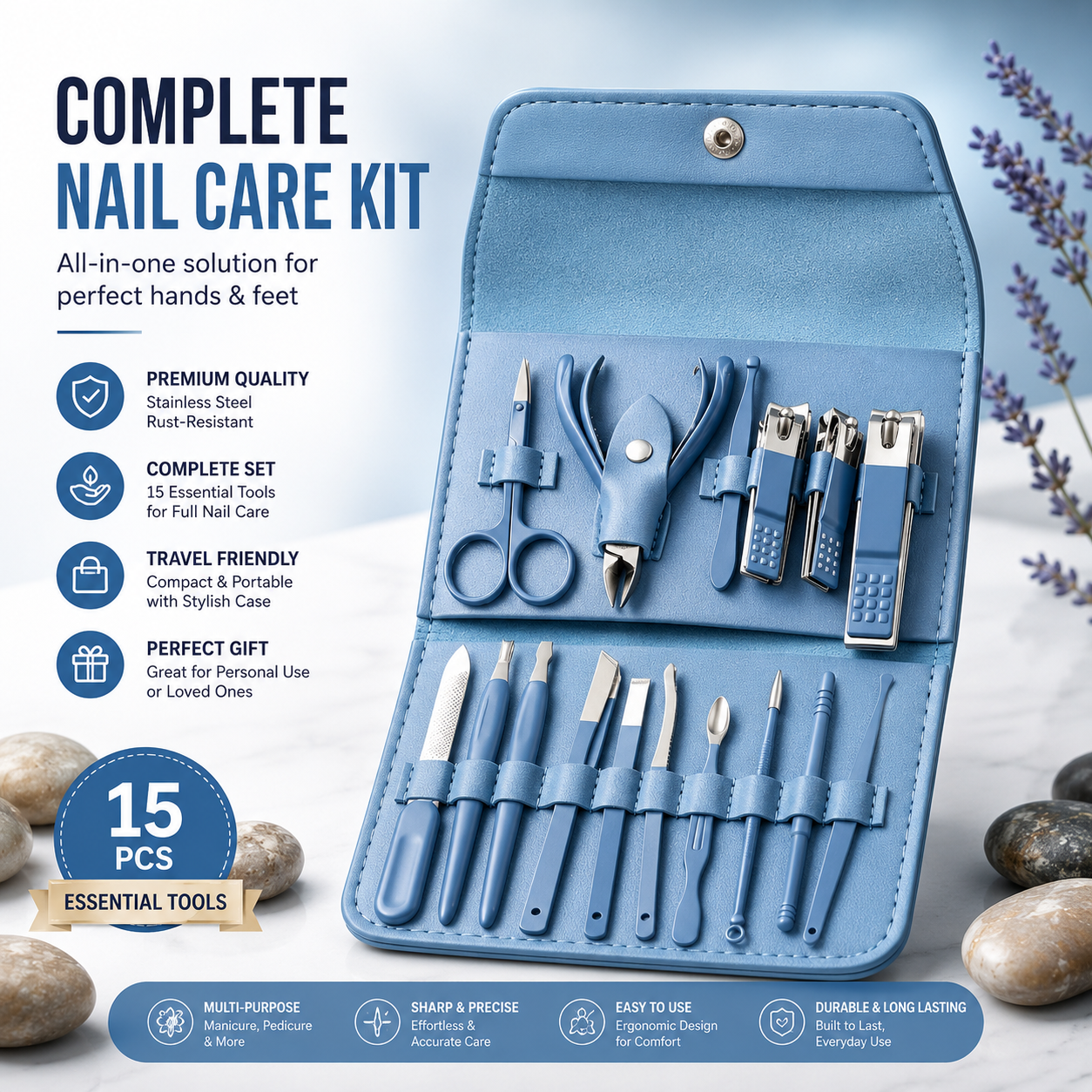15-Piece Professional Nail Care Kit – Stainless Steel Manicure &amp; Pedicure Grooming Set with Travel Case
