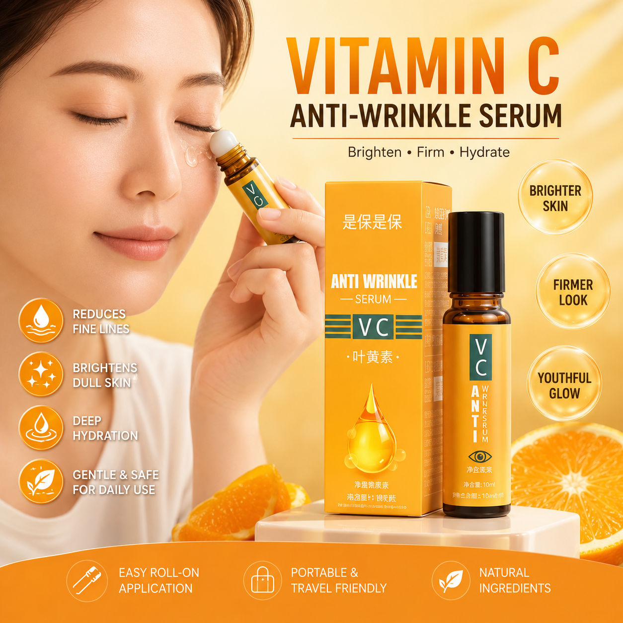 Vitamin C Anti-Wrinkle Serum Roll-On – Brightening &amp; Hydrating Facial Serum for Smooth, Youthful-Looking Skin