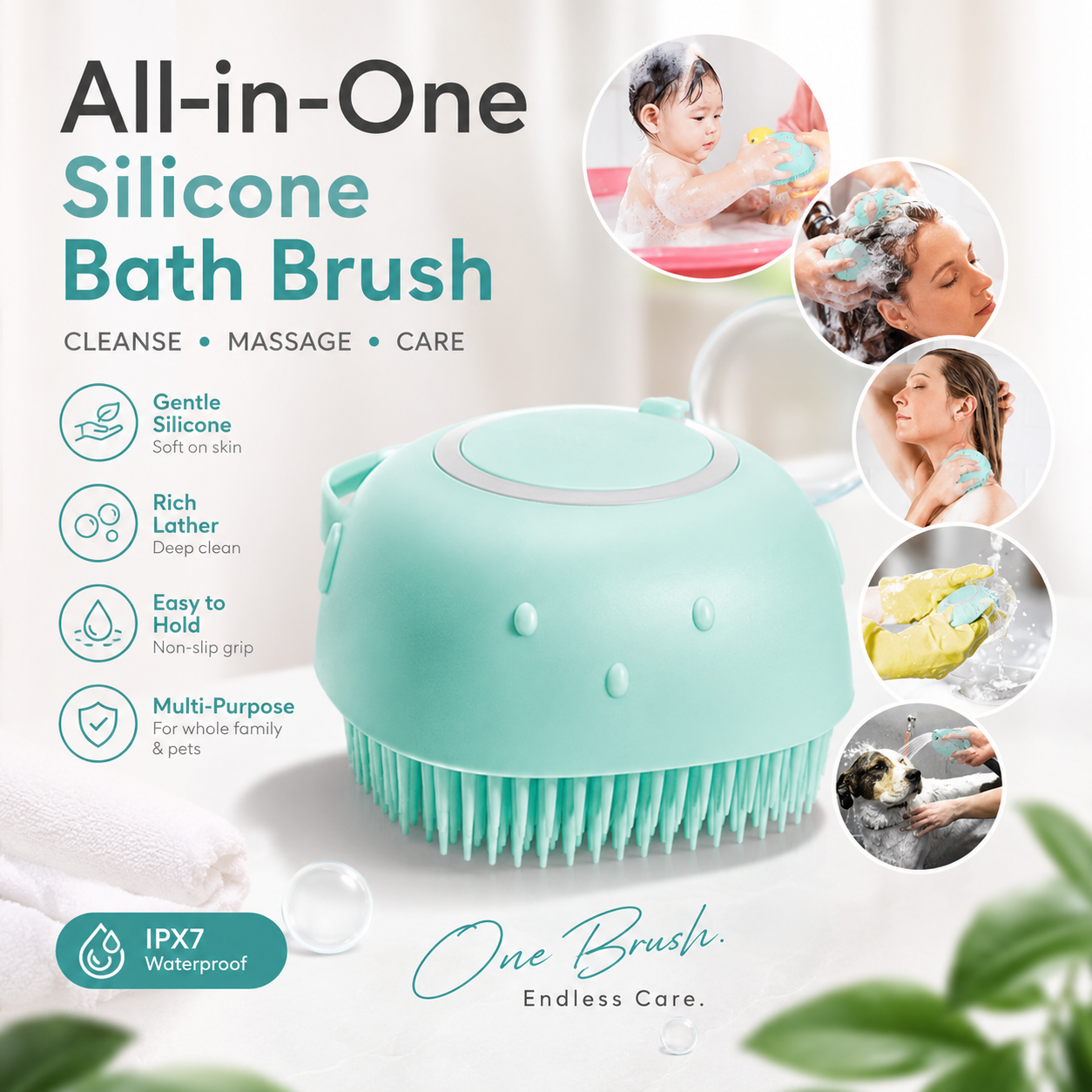 Premium Silicone Bath & Scalp Massage Brush – Soft Exfoliating Shower Scrubber for Adults, Kids & Pets