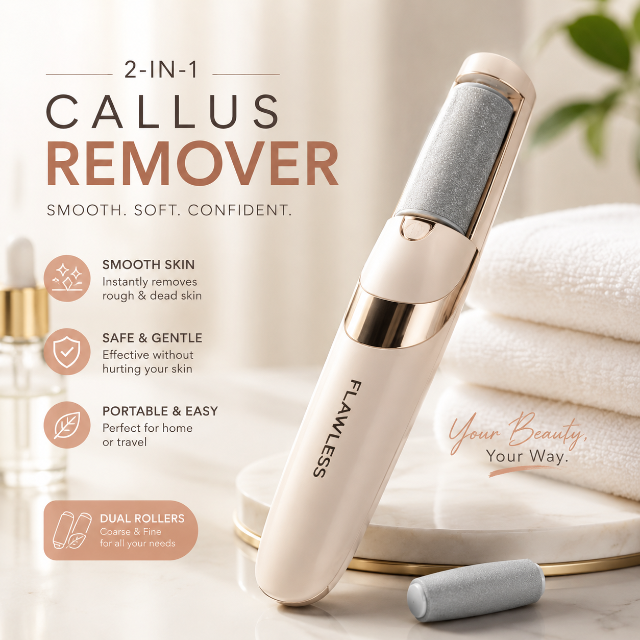 2-in-1 Electric Callus Remover – Portable Foot Care Pedicure Tool with Dual Rollers for Smooth &amp; Soft Feet