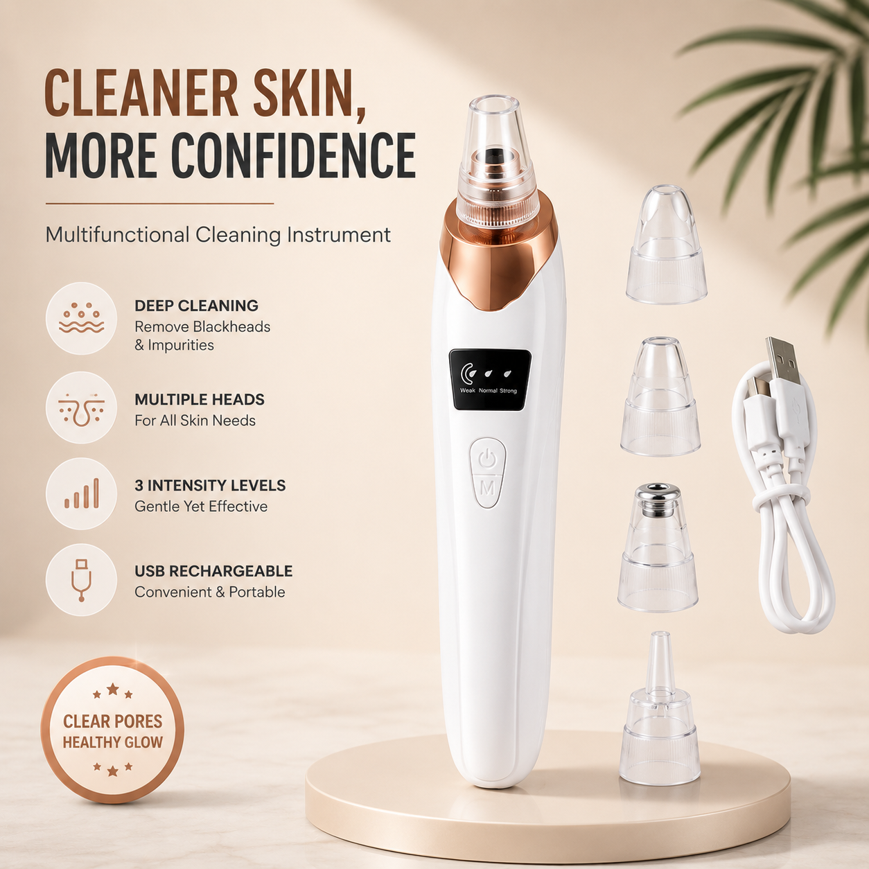 Electric Blackhead Remover Vacuum – Deep Pore Cleaner with 5 Suction Heads &amp; 3 Adjustable Modes