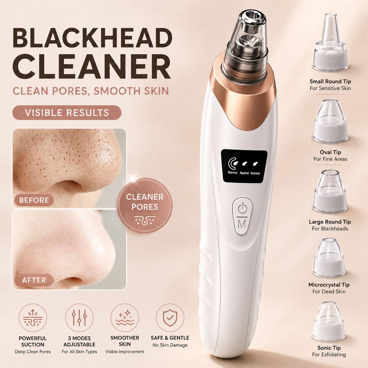 Electric Blackhead Remover Vacuum – Deep Pore Cleaner with 5 Suction Heads &amp; 3 Adjustable Modes