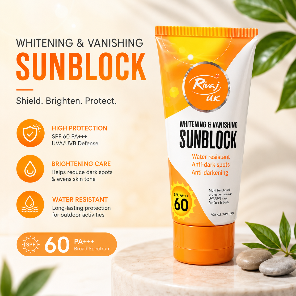 Rivaj UK SPF 60 Whitening &amp; Vanishing Sunblock – Water Resistant Sunscreen for Bright &amp; Protected Skin