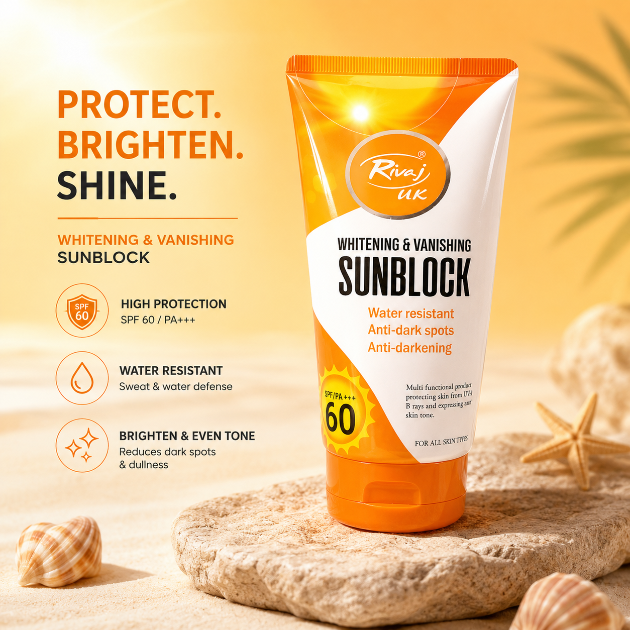 Rivaj UK SPF 60 Whitening &amp; Vanishing Sunblock – Water Resistant Sunscreen for Bright &amp; Protected Skin