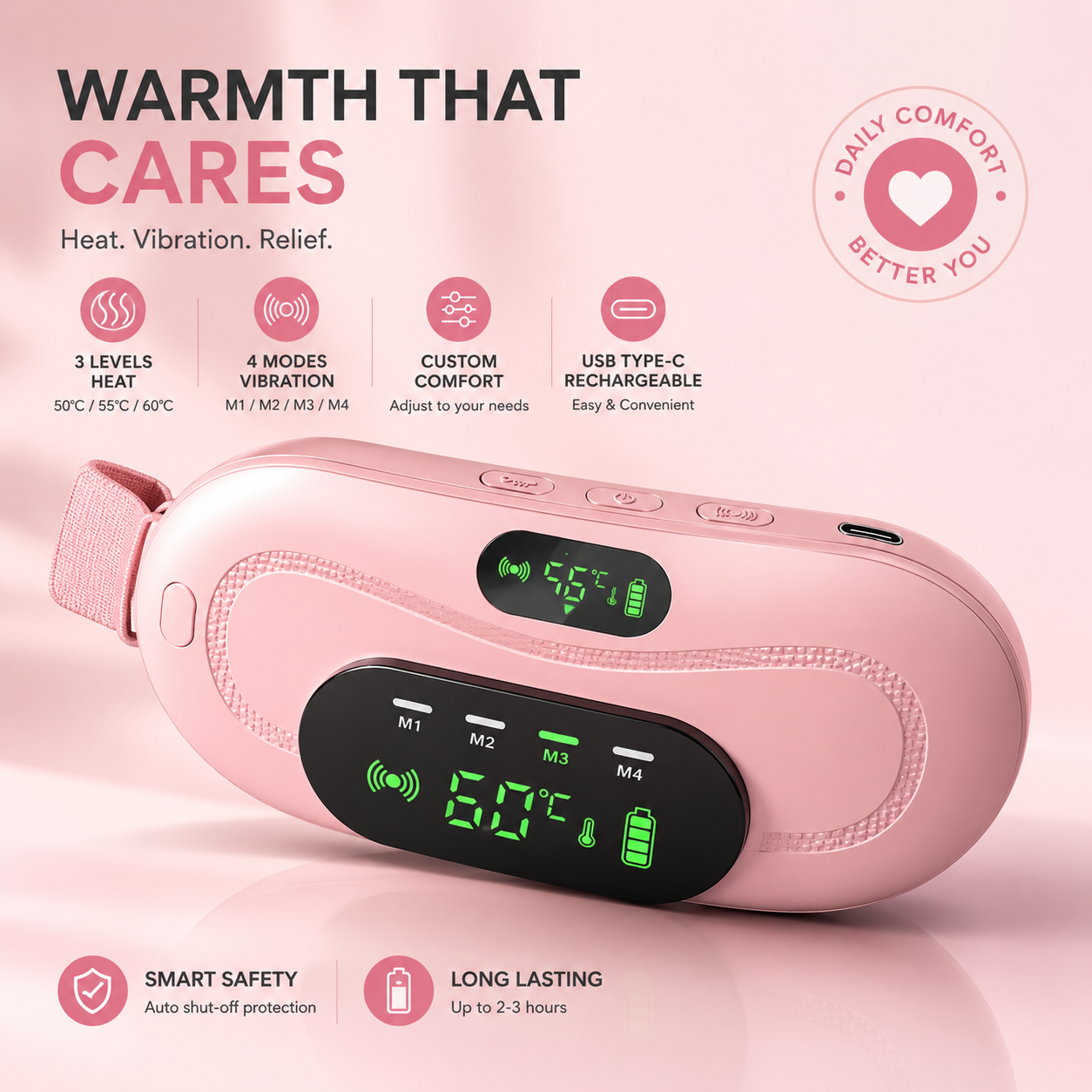 Portable Menstrual Heating Pad Belt for Women – Electric Period Pain Relief Belt with 3 Heat Levels &amp; 4 Massage Modes