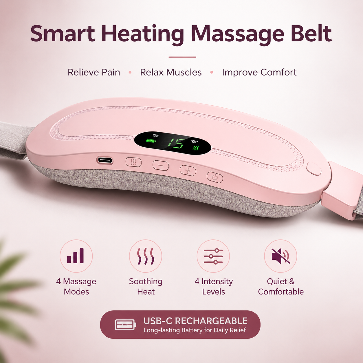 Portable Menstrual Heating Pad Belt for Women – Electric Period Pain Relief Belt with 3 Heat Levels &amp; 4 Massage Modes