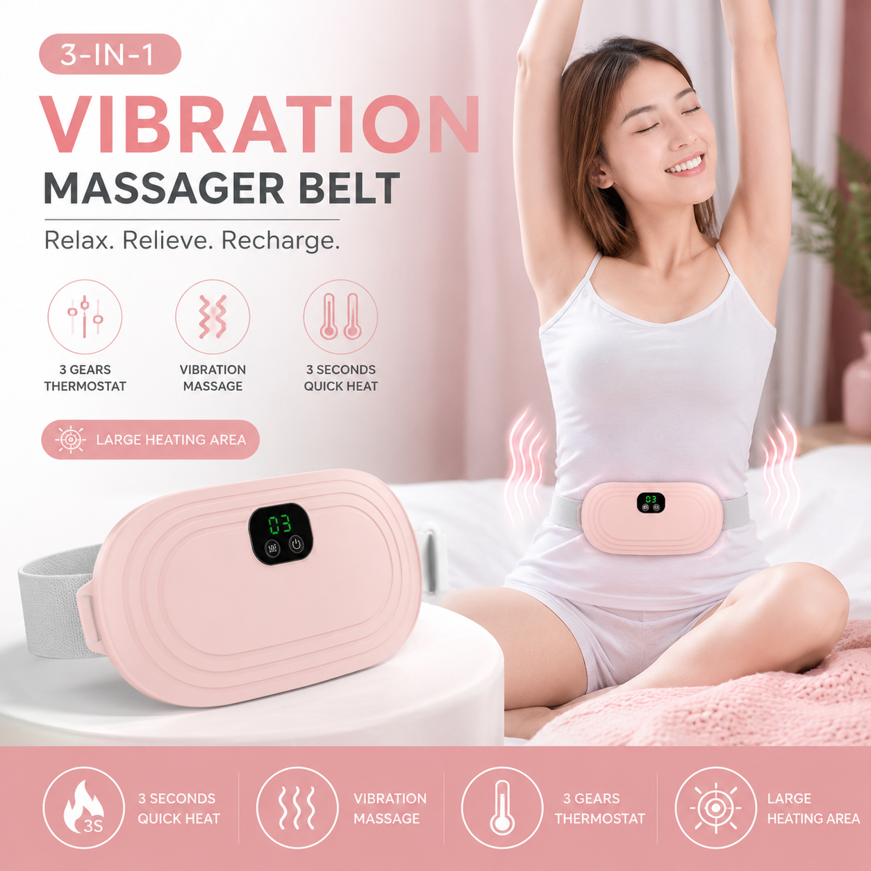 Portable Menstrual Heating Pad Belt for Women – Electric Period Pain Relief Belt with 3 Heat Levels &amp; 4 Massage Modes