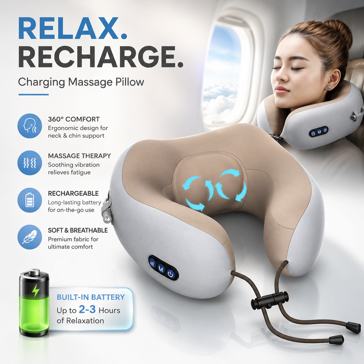 Smart Neck Massager Pillow – Rechargeable Vibration Neck Support Cushion with Adjustable Massage Modes