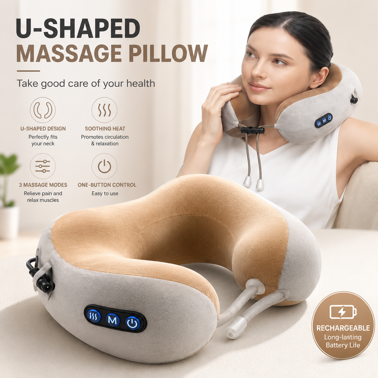 Smart Neck Massager Pillow – Rechargeable Vibration Neck Support Cushion with Adjustable Massage Modes