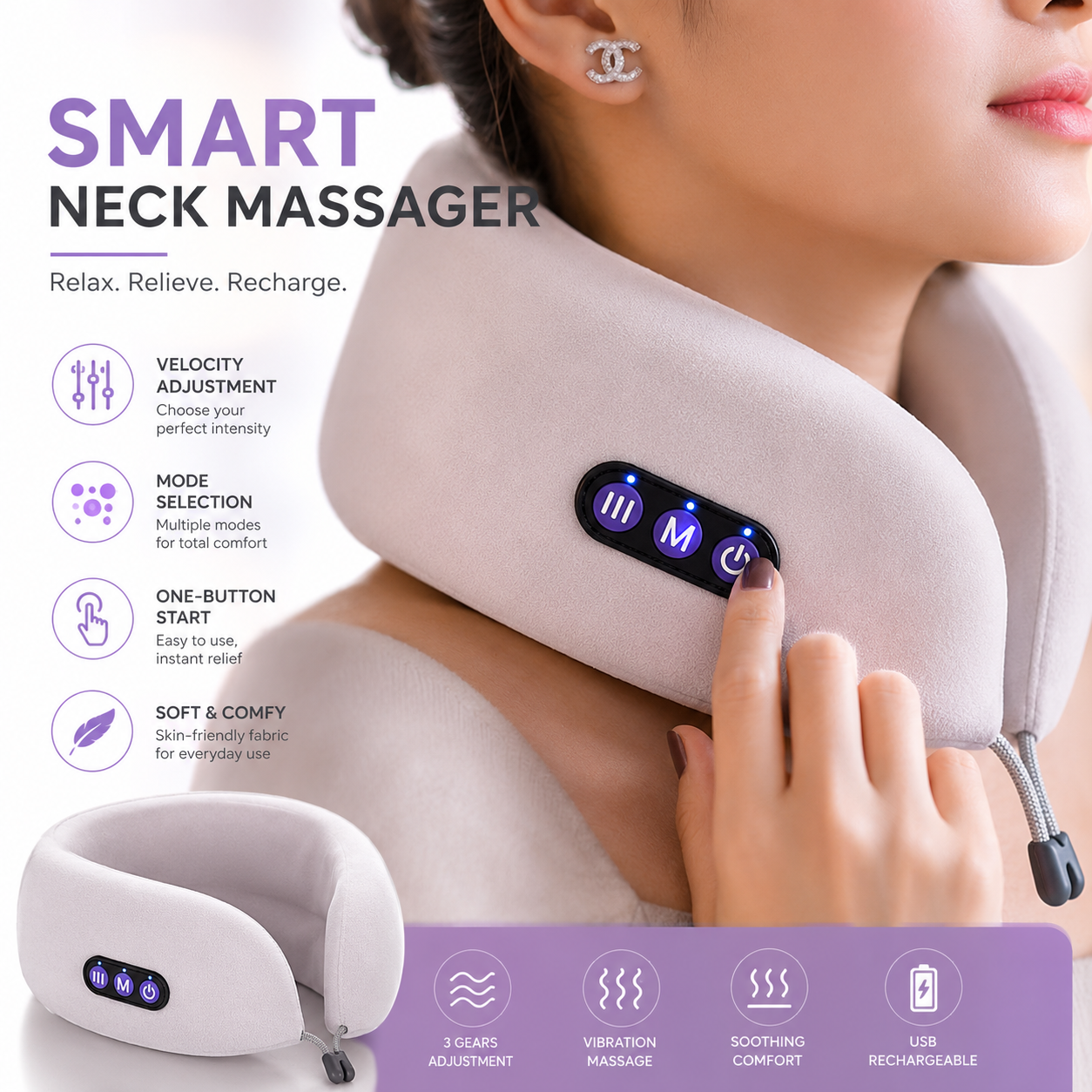 Smart Neck Massager Pillow – Rechargeable Vibration Neck Support Cushion with Adjustable Massage Modes