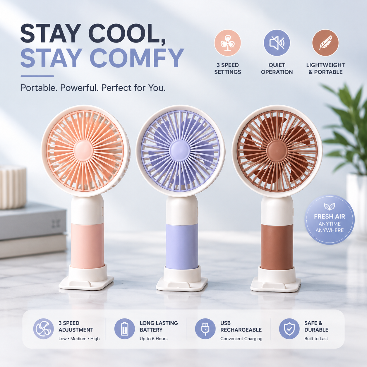 Mini Handheld Rechargeable Fan – Portable USB Cooling Fan with 3 Speed Modes &amp; Digital Display