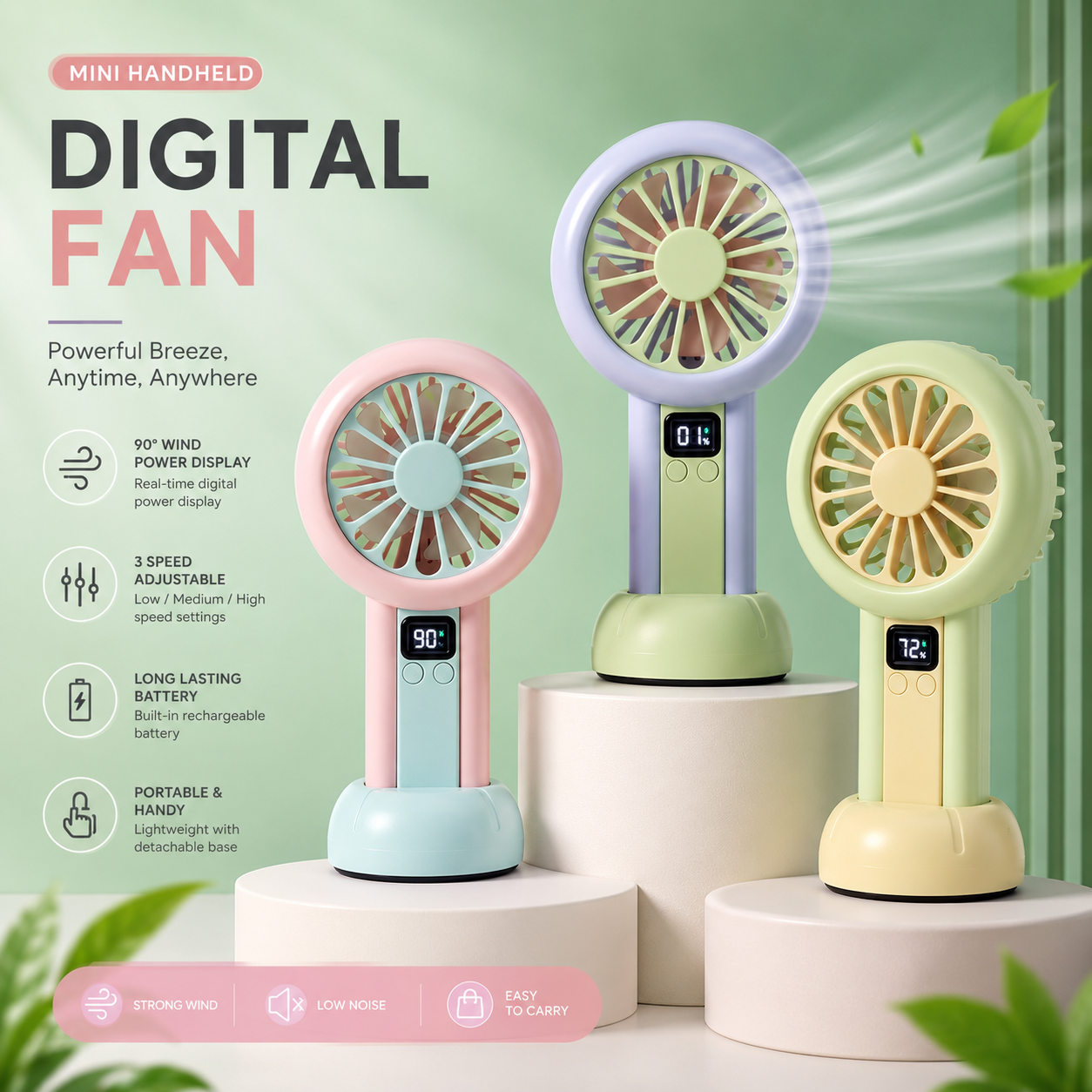Mini Handheld Rechargeable Fan – Portable USB Cooling Fan with 3 Speed Modes &amp; Digital Display