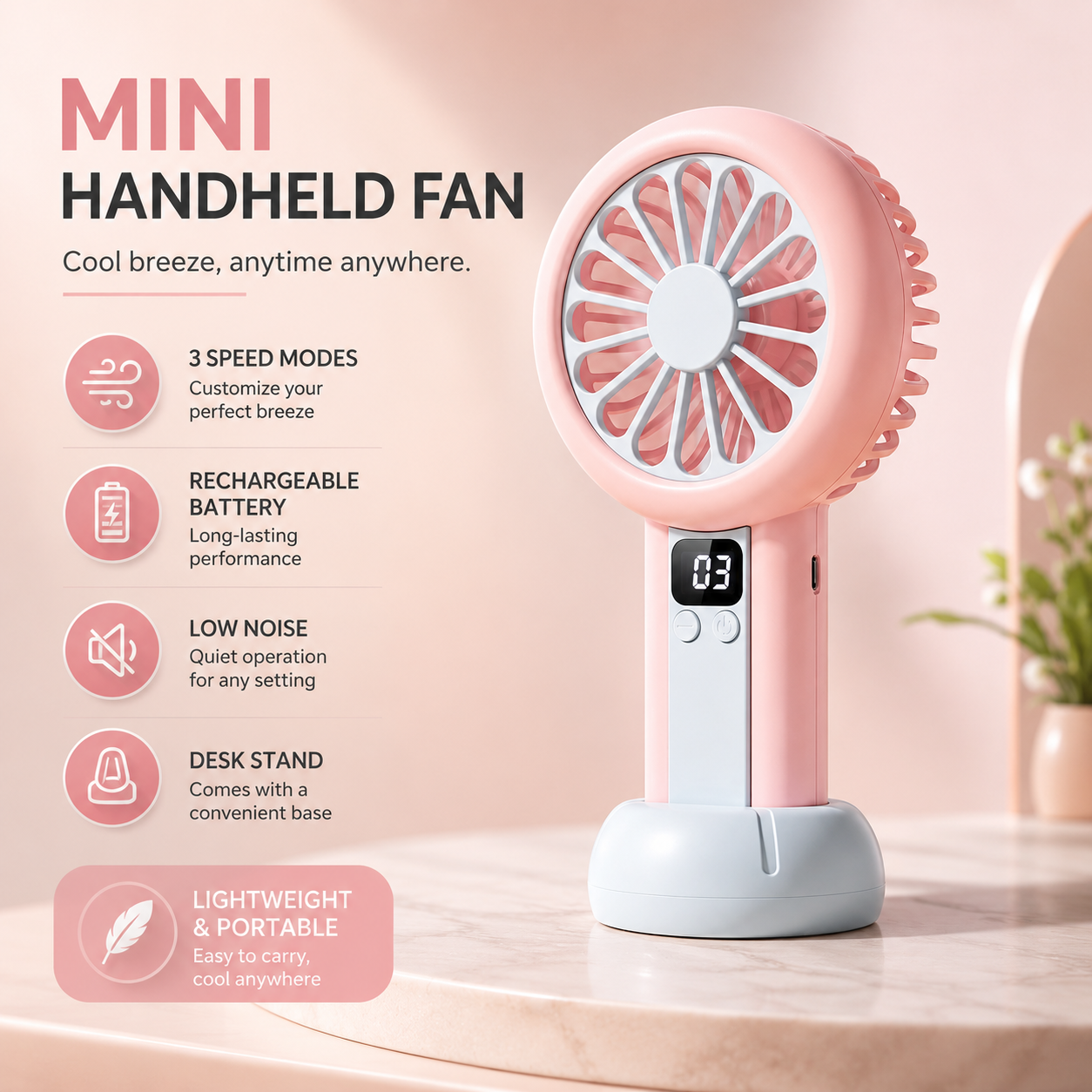 Mini Handheld Rechargeable Fan – Portable USB Cooling Fan with 3 Speed Modes &amp; Digital Display