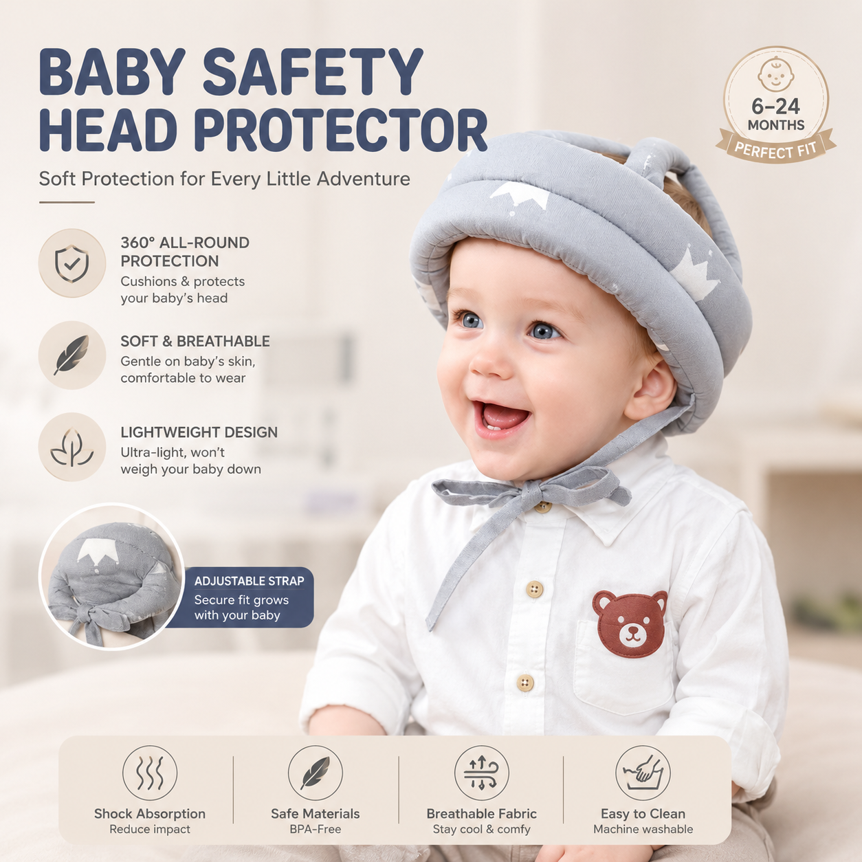Baby Safety Head Protection Helmet – Adjustable Soft Cushion Anti-Fall Head Guard for Crawling &amp; Walking Babies