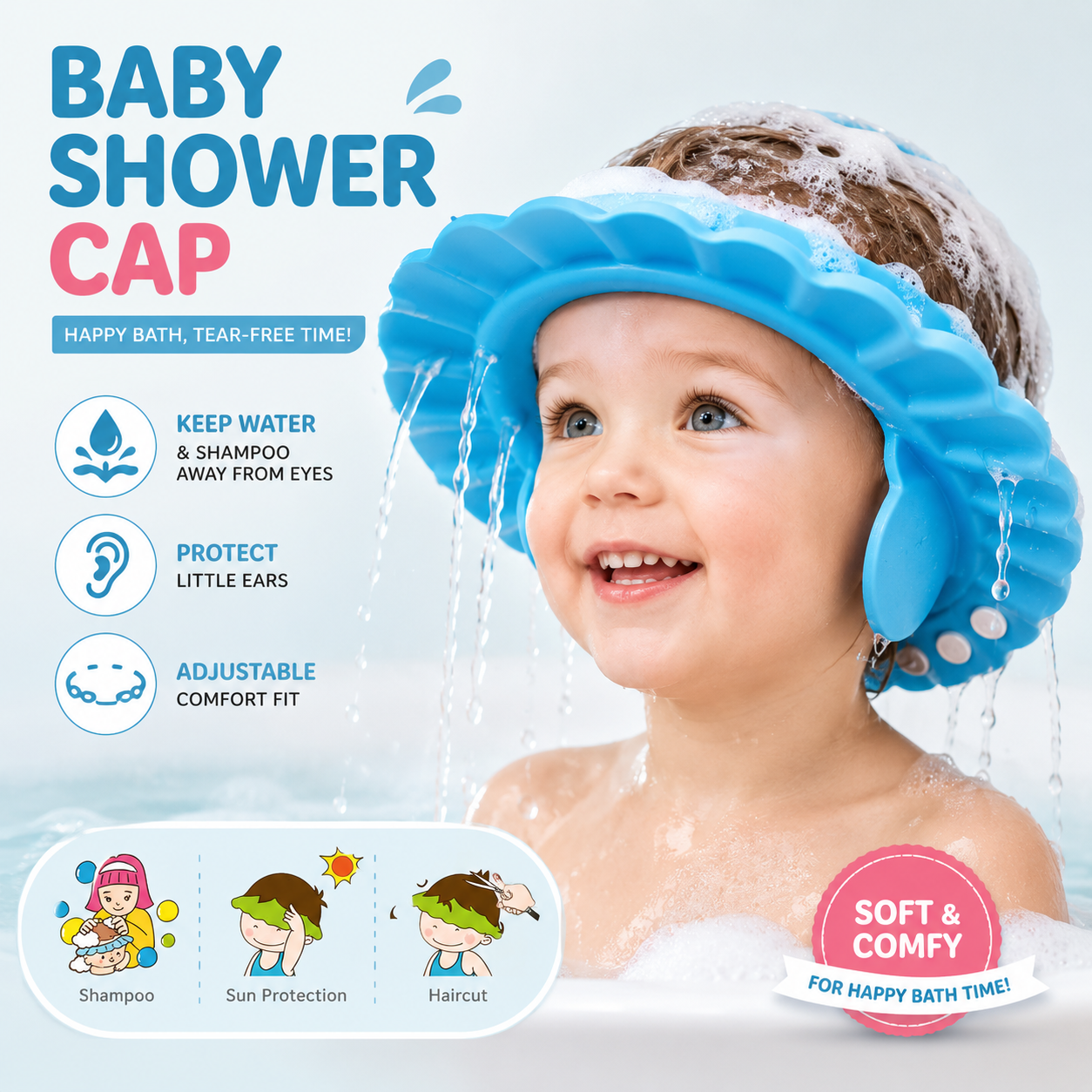 Baby Shampoo Shower Cap – Adjustable Waterproof Bath Visor for Tear-Free Hair Washing