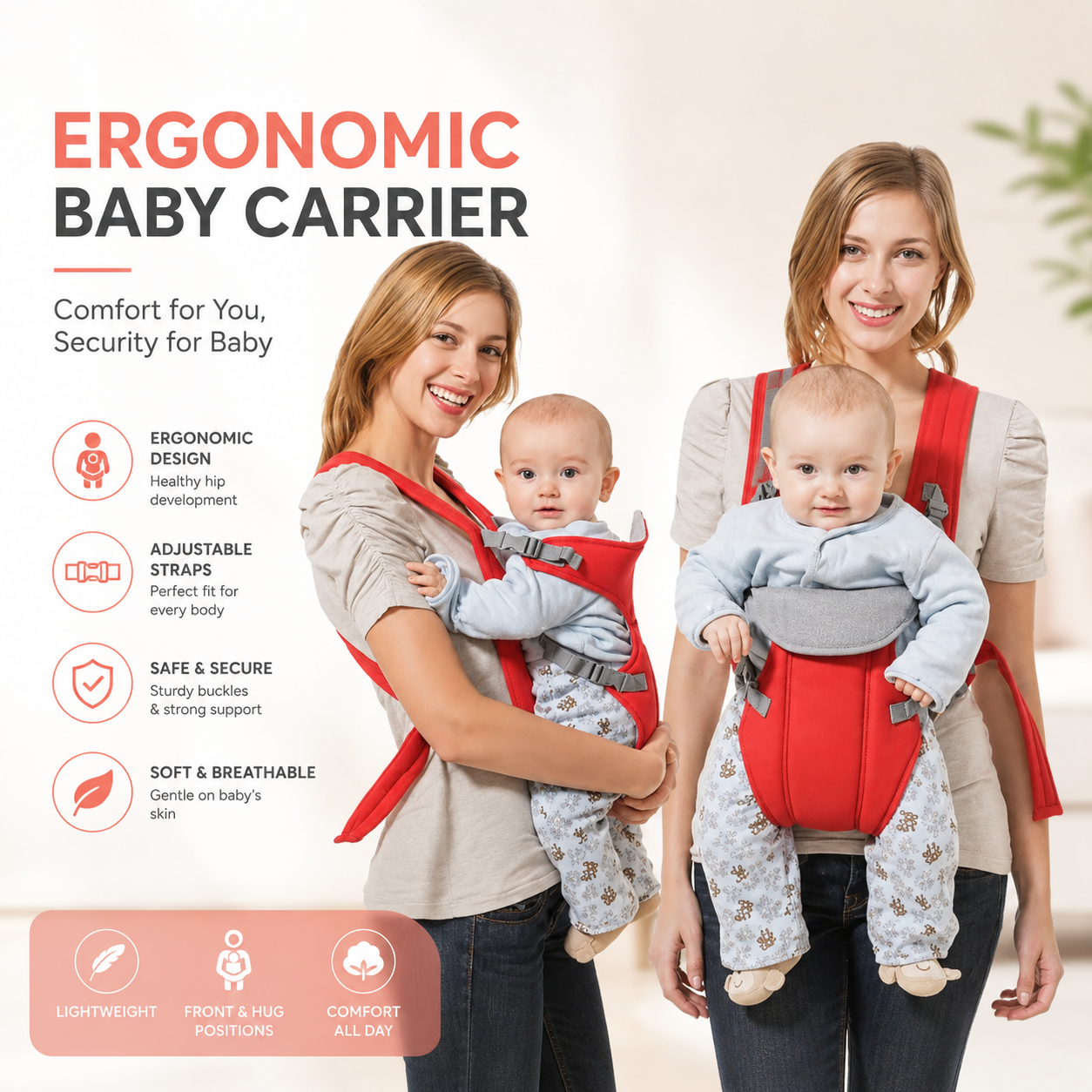 Ergonomic Baby Carrier – Adjustable Infant Front Carrier with Waist Support for Newborns &amp; Toddlers