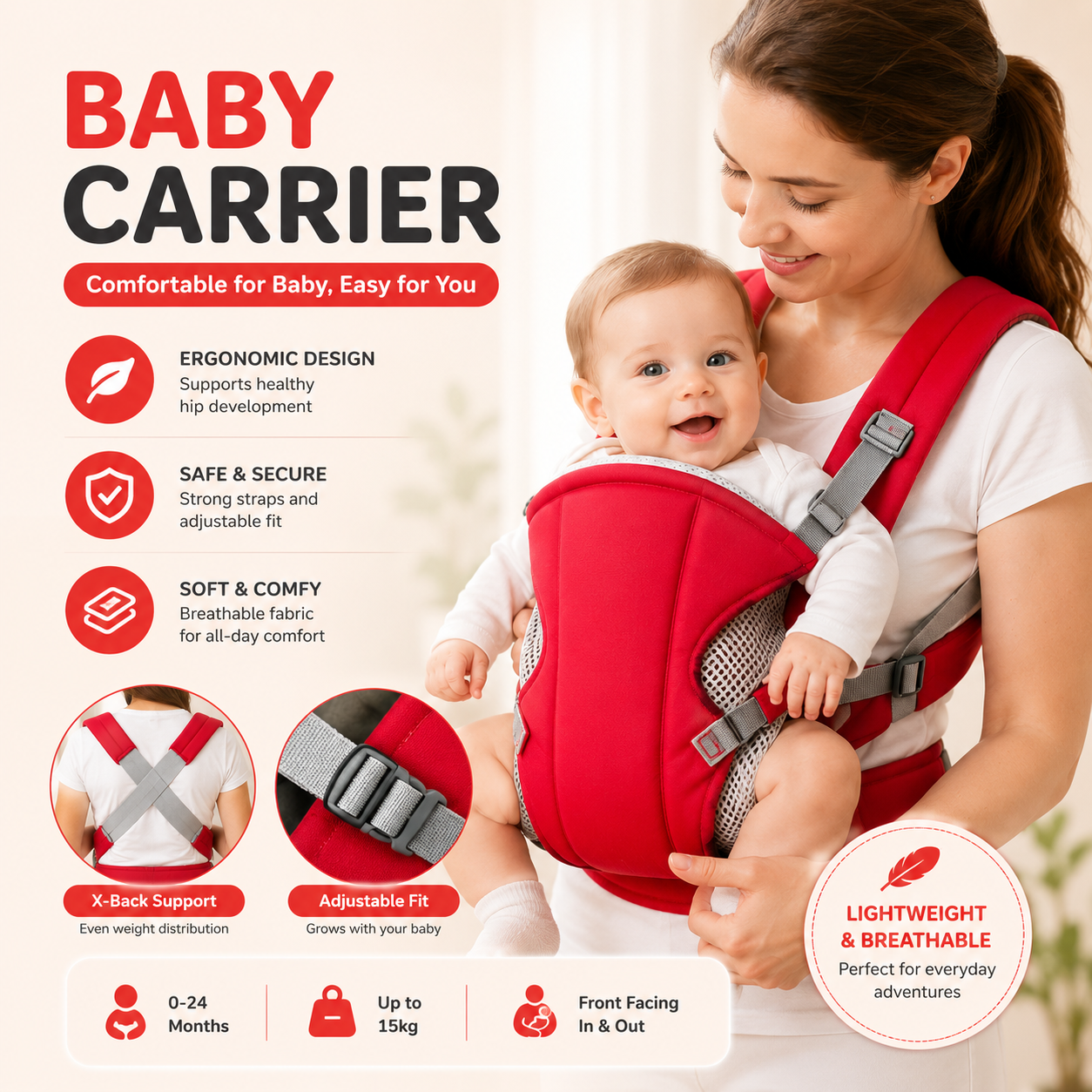 Ergonomic Baby Carrier – Adjustable Infant Front Carrier with Waist Support for Newborns &amp; Toddlers