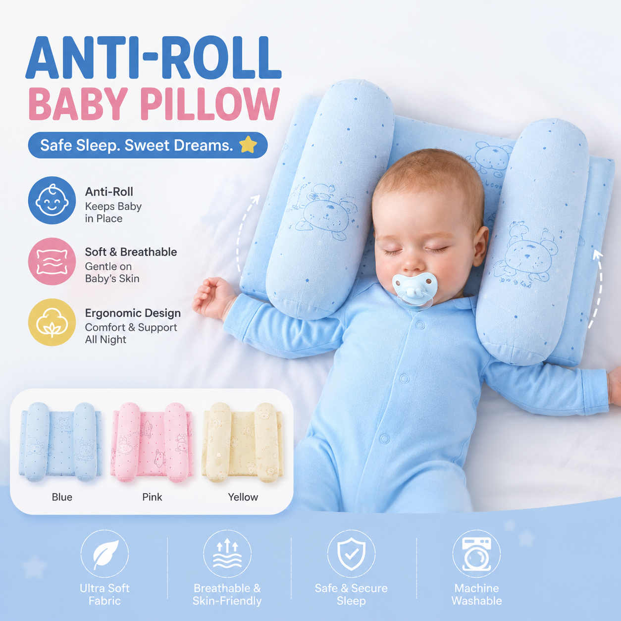 Baby Anti-Roll Sleep Pillow – Adjustable Newborn Side Support Cushion for Safe &amp; Comfortable Sleeping