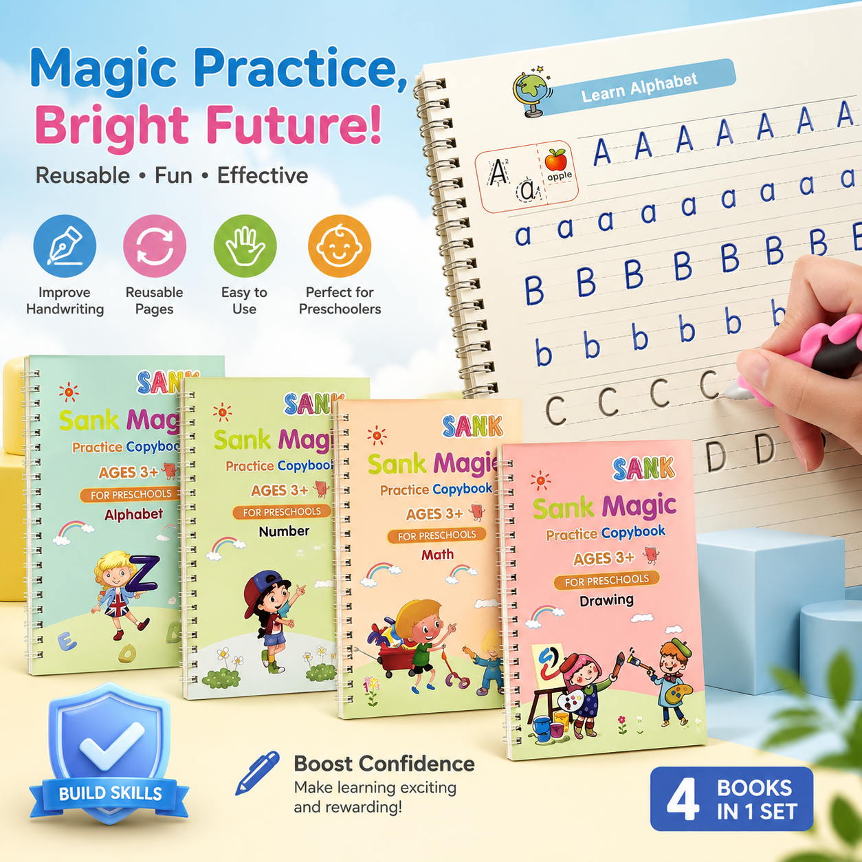 Magic Reusable Practice Copybook Set – Educational Handwriting &amp; Drawing Workbook for Kids Ages 3+