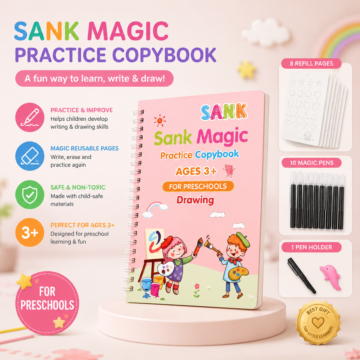 Magic Reusable Practice Copybook Set – Educational Handwriting &amp; Drawing Workbook for Kids Ages 3+