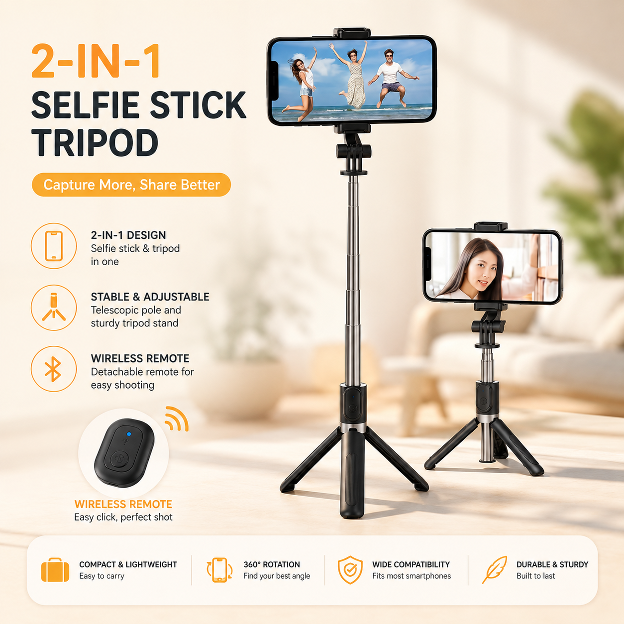 Wireless Selfie Stick Tripod – Extendable Bluetooth Selfie Stick with Remote Control &amp; Phone Holder
