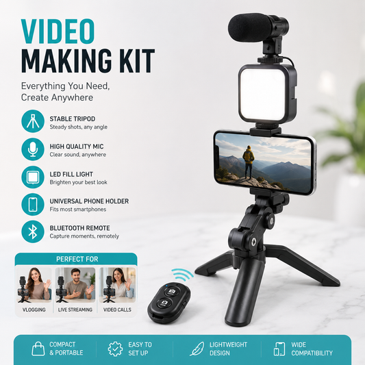 Mobile Vlogging Kit – Smartphone Video Recording Kit with LED Light, Microphone, Tripod &amp; Bluetooth Remote