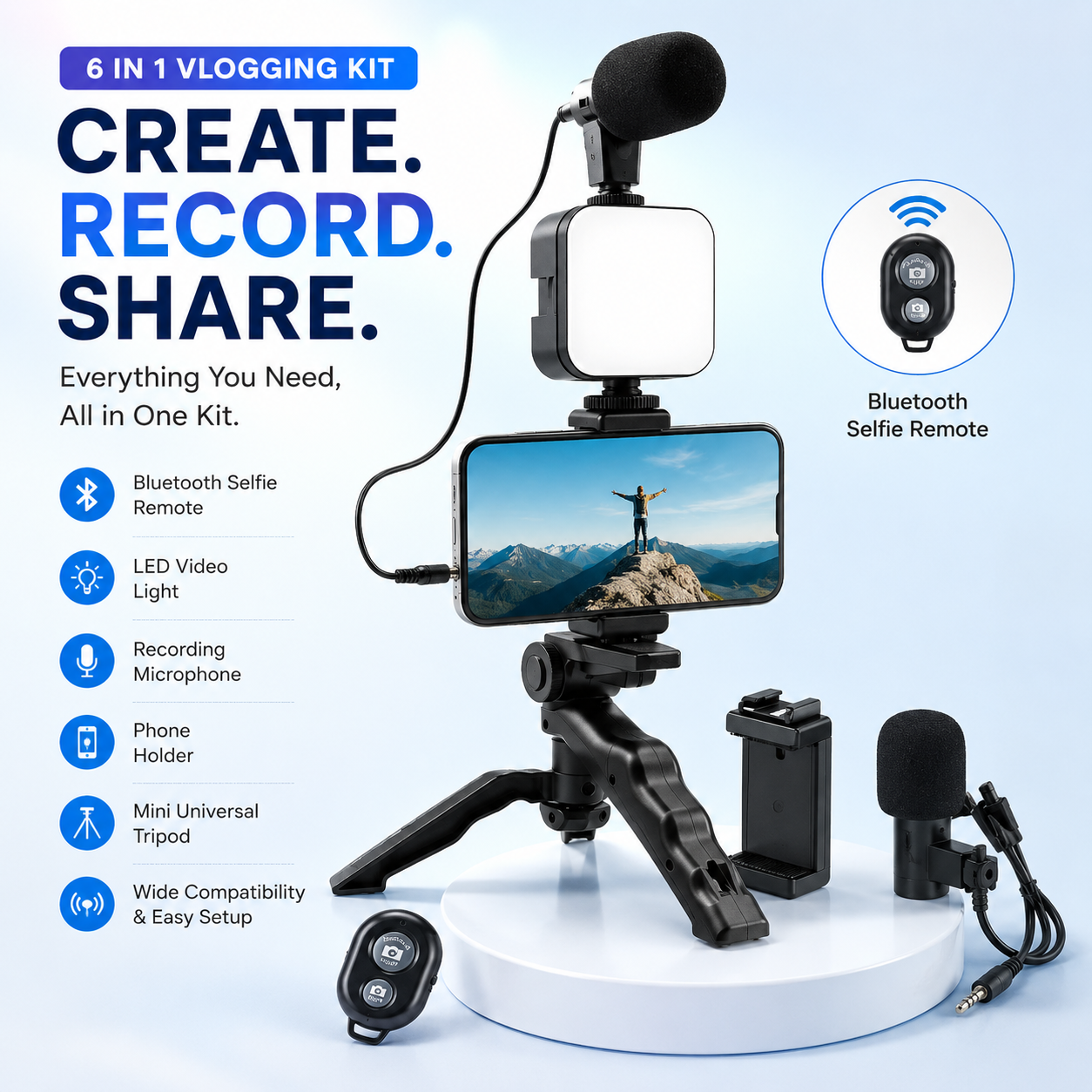 Mobile Vlogging Kit – Smartphone Video Recording Kit with LED Light, Microphone, Tripod &amp; Bluetooth Remote