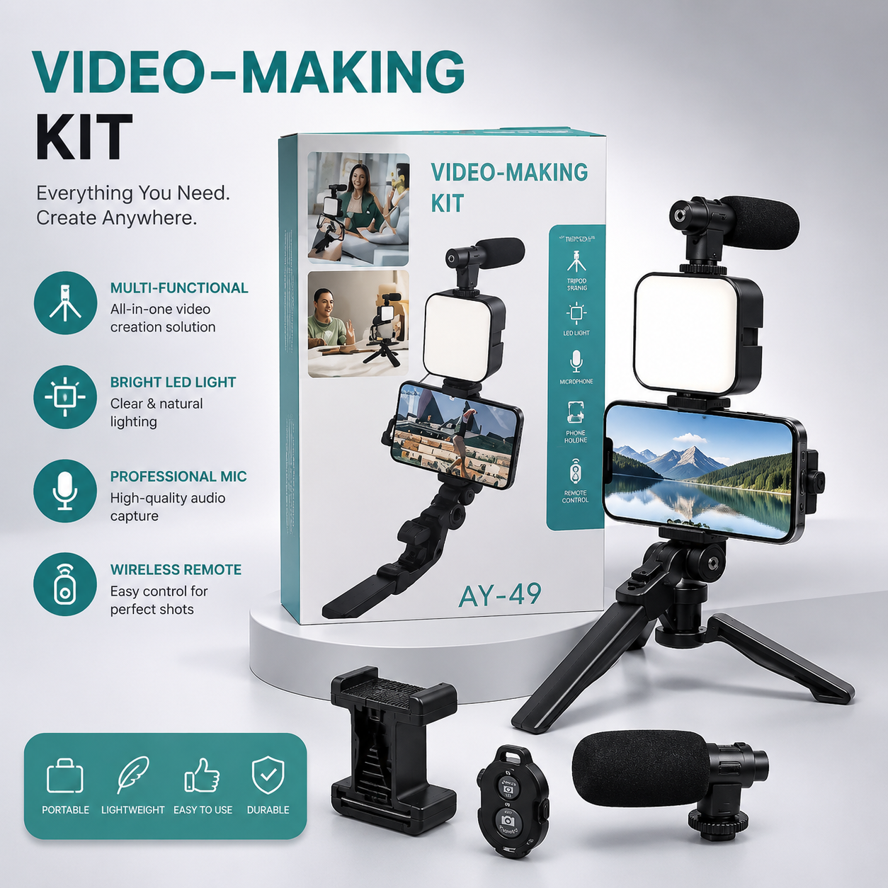 Mobile Vlogging Kit – Smartphone Video Recording Kit with LED Light, Microphone, Tripod &amp; Bluetooth Remote