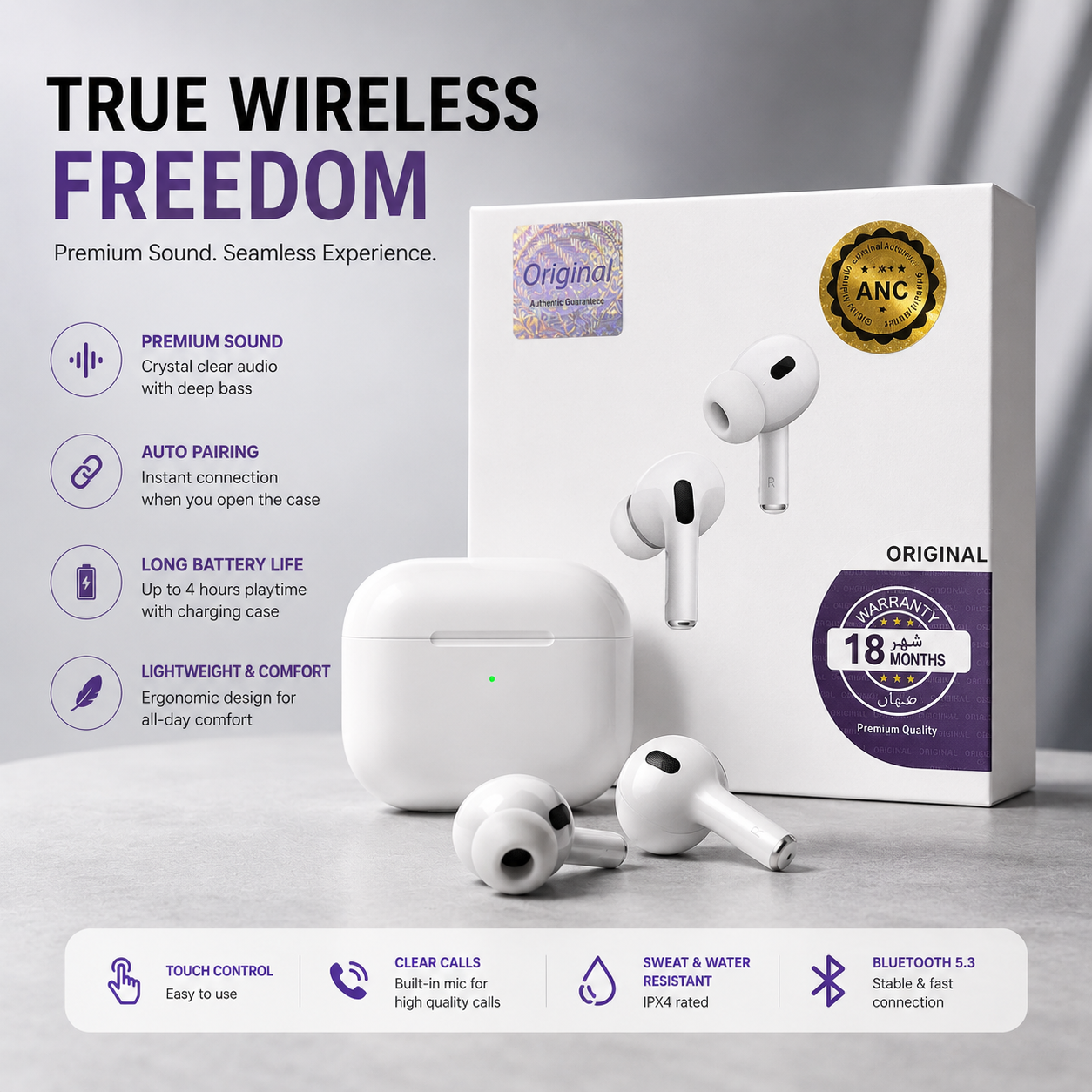 ANC Wireless Earbuds Pro – Active Noise Cancellation Bluetooth Earphones with Premium Sound &amp; Charging Case