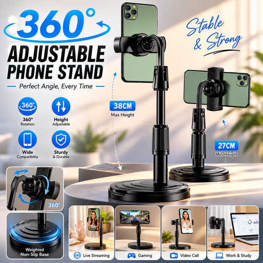 360° Adjustable Mobile Phone Stand &amp; Live Streaming Holder – Height Adjustable Desktop Stand for Video Calls, Recording &amp; Content Creation