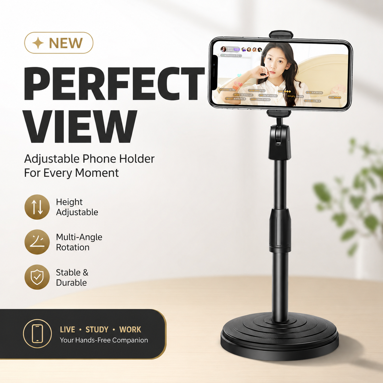 360° Adjustable Mobile Phone Stand &amp; Live Streaming Holder – Height Adjustable Desktop Stand for Video Calls, Recording &amp; Content Creation