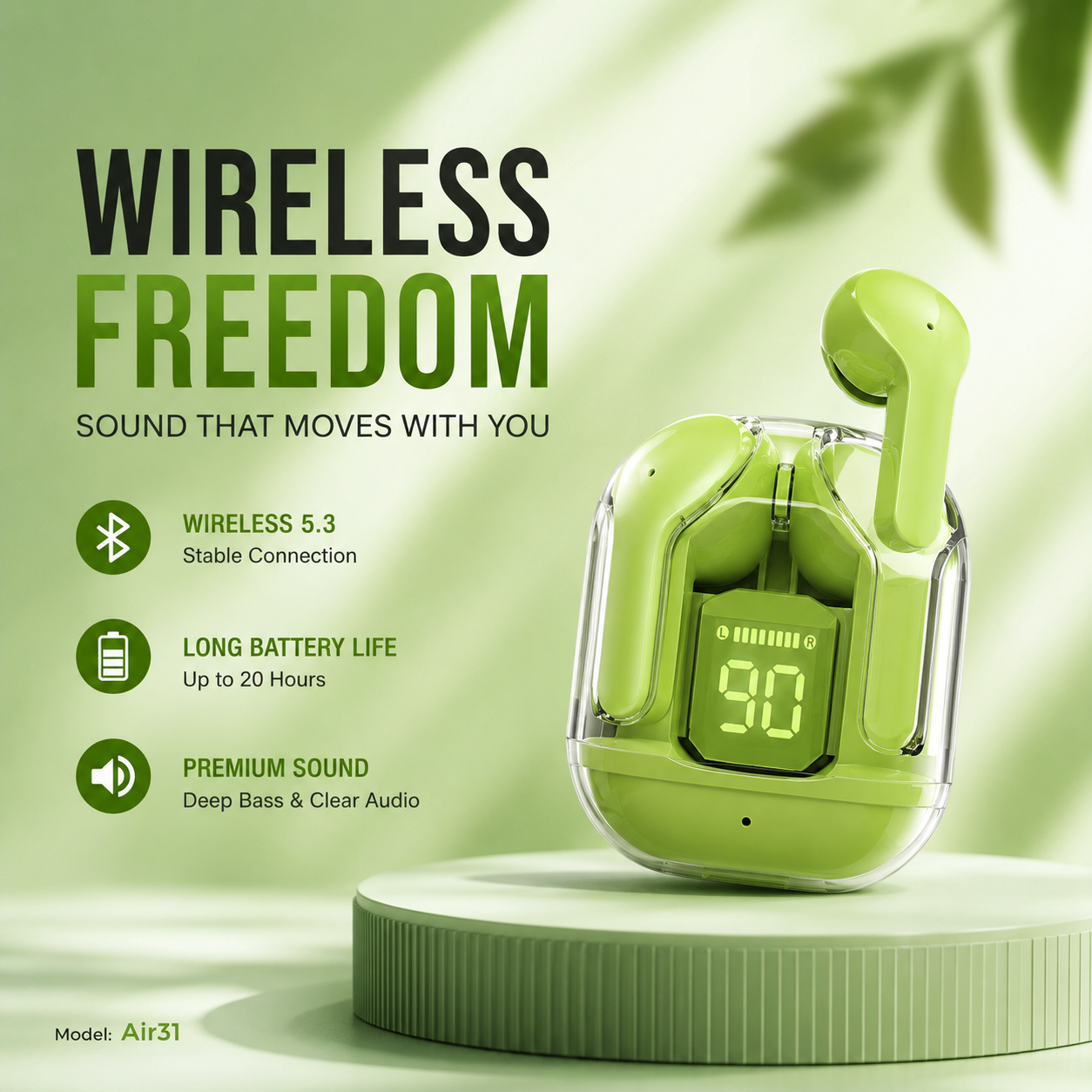 ElixPods Air31 Wireless Earbuds – LED Digital Display, Deep Bass Sound &amp; Bluetooth 5.3