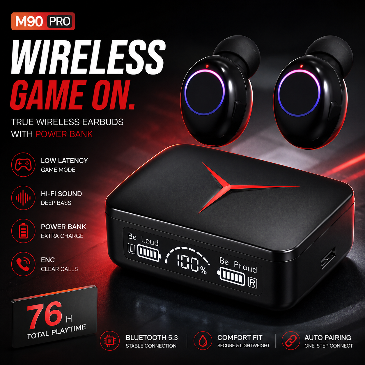 M90 Wireless Earbuds – Bluetooth 5.3, LED Power Display &amp; 3500mAh Charging Case