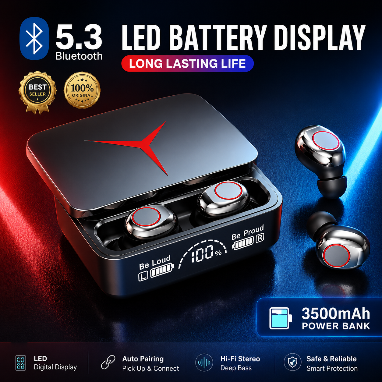 M90 Wireless Earbuds – Bluetooth 5.3, LED Power Display &amp; 3500mAh Charging Case