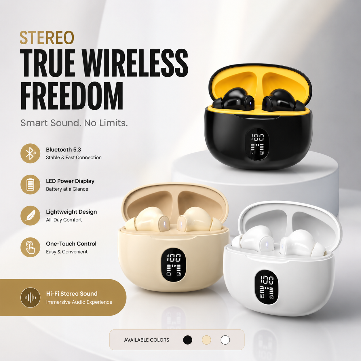 TWS ENC Wireless Earbuds – HD Sound, LED Battery Display &amp; Bluetooth 5.3