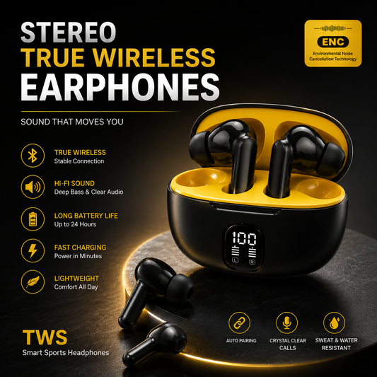 TWS ENC Wireless Earbuds – HD Sound, LED Battery Display &amp; Bluetooth 5.3