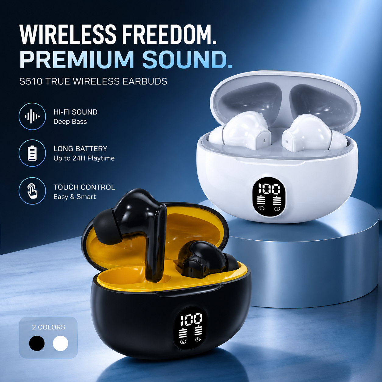 TWS ENC Wireless Earbuds – HD Sound, LED Battery Display &amp; Bluetooth 5.3